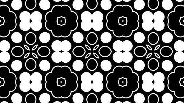 Black and white abstract floral pattern repeats seamlessly. kaleidoscope motion. geometry endless.