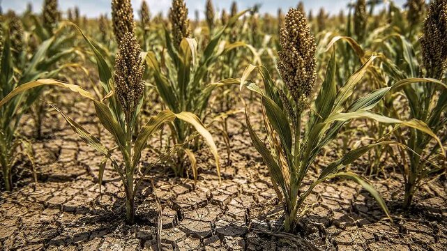 Climate resilient farming sorghum plant crop drought cracked soil dry field plants growing harsh sun sustaining harvest adaptation and hope