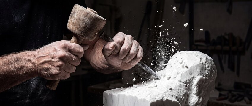 Hands of sculptor working on marble with chisel and hammer creating piece of art in dark studio