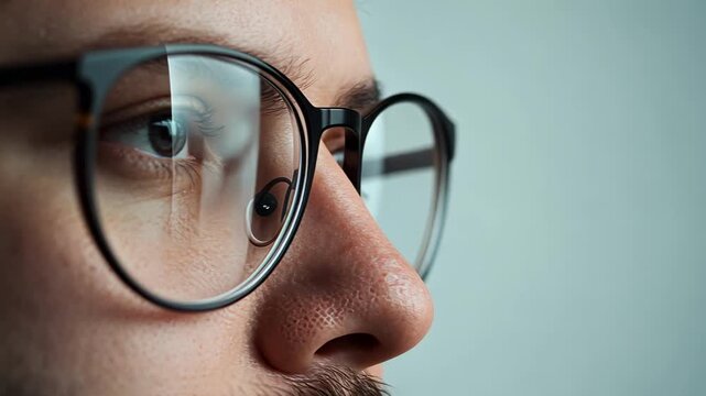 Close up of a man's face wearing eyeglasses, reflecting light and showcasing the intricate details of his iris, highlighting concepts of vision, eyesight, and eye health
