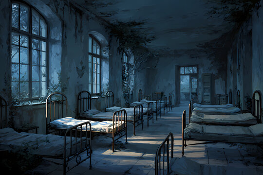 Old abandoned hospital ward with rows of empty iron beds
