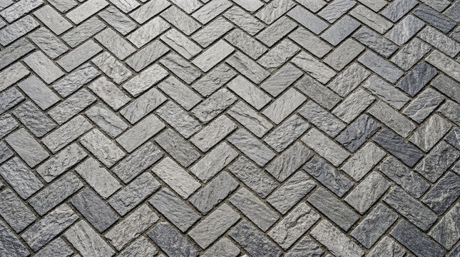 Seamless repeating pattern of interlocking grey stone pavers in a herringbone design