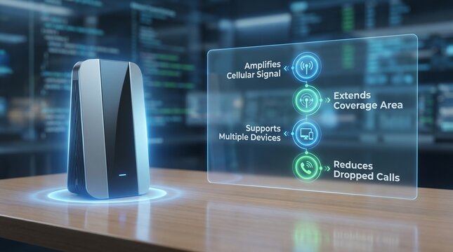 Modern cellular signal booster device on a desk with digital interface