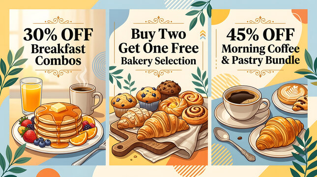 Breakfast and bakery promotion banners set. Vector illustration of morning food discount templates with pancakes, coffee, croissants, and muffins for commercial advertising.