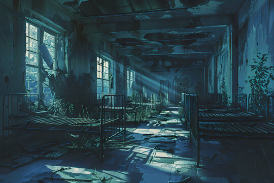 Sunlight through windows in overgrown abandoned hospital ward