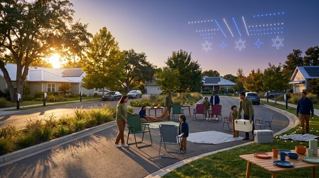 Cul de sac holiday setup with drone display in resilient neighborhood