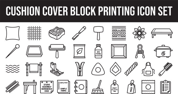 Cushion cover block printing icon set featuring textile manufacturing tools and fabric design equipment in vector format