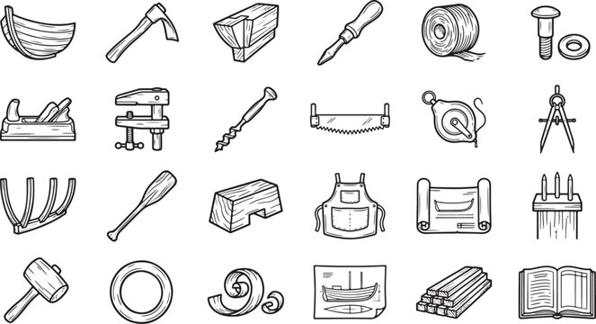 Hand drawn boat building and woodworking tool icons set for carpentry projects and nautical craft design