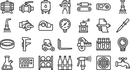 Fototapeta premium Industrial manufacturing and laboratory equipment line icons set for factory production, engineering, and scientific research processes 