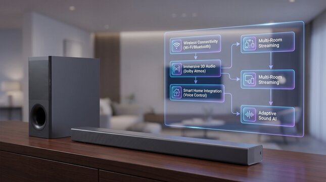 Modern soundbar and subwoofer system with digital feature overlay