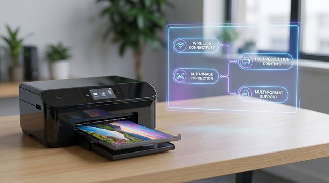 Modern desktop inkjet printer with holographic feature display