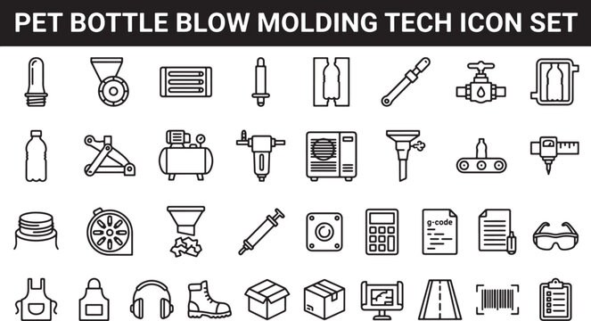 PET bottle blow molding technology icon set featuring industrial manufacturing equipment and plastic production process line art