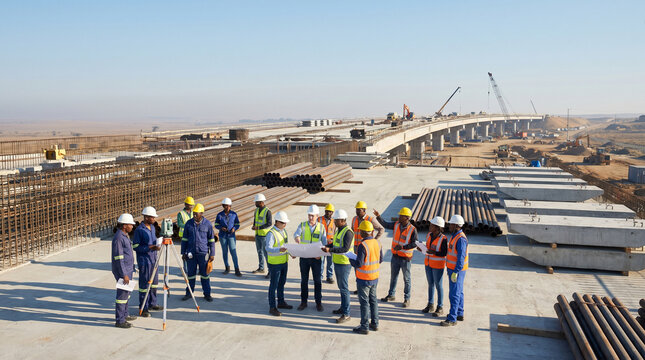 Bridge Construction Crew Coordinating Large Infrastructure Expansion