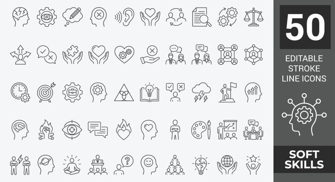 Soft Skills icon set. Soft Skills icons Pixel perfect. interpersonal skill, confidence, problem solving, communication, etc. Outline Icon Collection. Editable stroke. Vector illustration