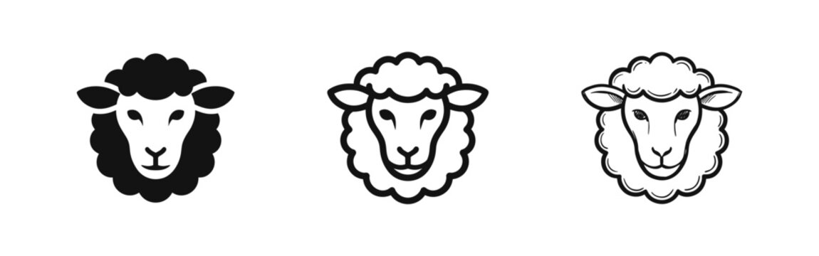 Sheep head icon set featuring solid, outline, and hand-drawn sketch illustrations for farm branding.