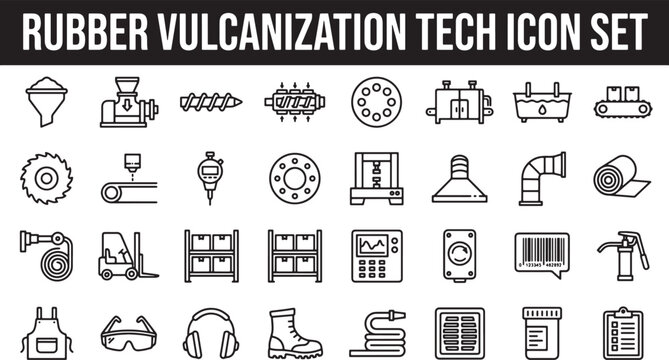 Rubber Vulcanization and Industrial Manufacturing Process Icon Set Featuring Machinery Equipment and Safety Gear Vector Illustration
