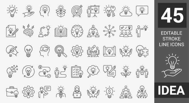 Idea icon set. Containing Creative idea, brainstorming, solution, thinking, innovation and more. Outline Icon Collection. Editable stroke. Vector illustration	