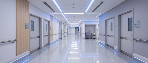 Modern hospital corridor with clean white design, medical doors, and blue accent lighting, healthcare facility interior © Mino