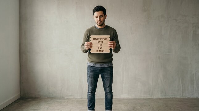 Man standing in a bare concrete room holds a cardboard sign reading homeless please help me, showing poverty, unemployment, and hardship in a stark urban interior.