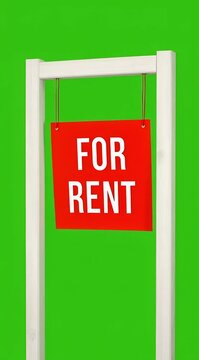 Bright Red For Rent Sign Hanging from Wooden Frame Against Vibrant Green Background