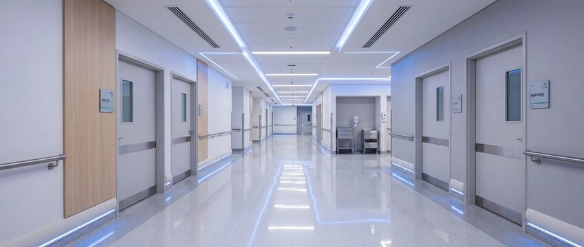 Modern hospital corridor with clean white design, medical doors, and blue accent lighting, healthcare facility interior