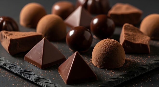 Assorted chocolate candies arranged on a black slate plate indoors