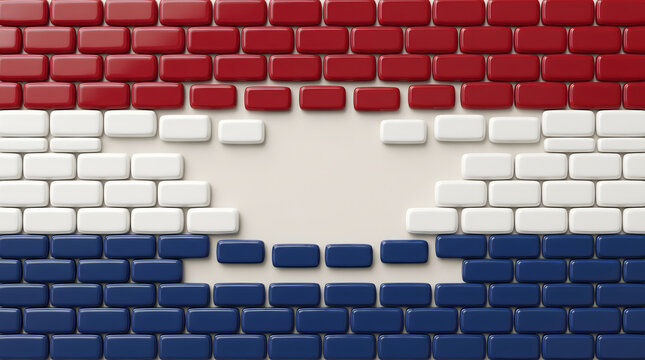 Abstract background of red, white, and blue bricks forming a flag pattern with a central empty space