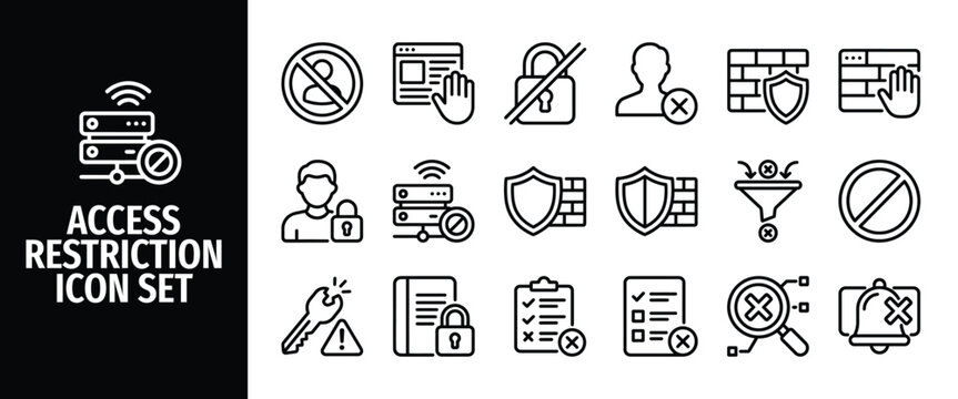 Access restriction icon set, vector illustration of security and network protection symbols, including firewall, blocked user, server access denied, and restricted data access