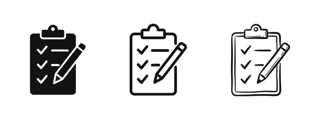 Clipboard with checklist and pencil icon set for survey, task management and testing © drawing lines