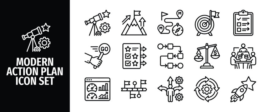 Modern action plan icon set, business strategy, project management, goal setting, development process, vector line icons