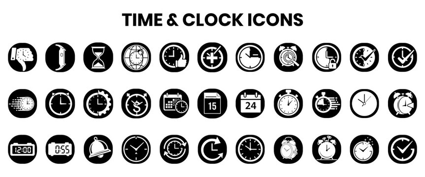 Collection of various time and clock icons on a white background