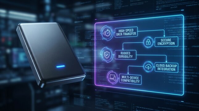 External hard drive with digital data features infographic