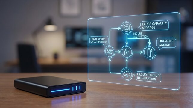 External hard drive with digital data security infographic overlay