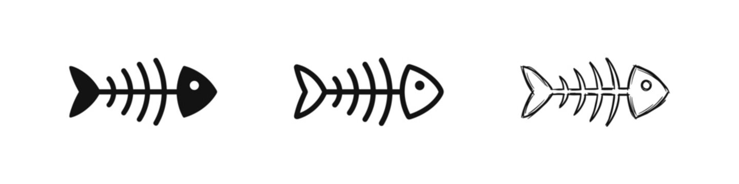 Fish Skeleton Bone Remains Icon Set in Three Styles Glyph Outline and Hand Drawn Sketch