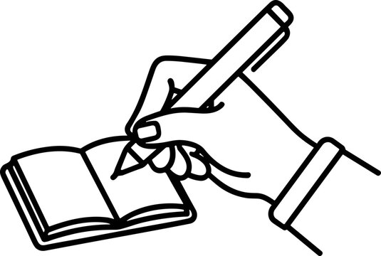 Hand Writing in Small Notebook with Pen, Outline Drawing