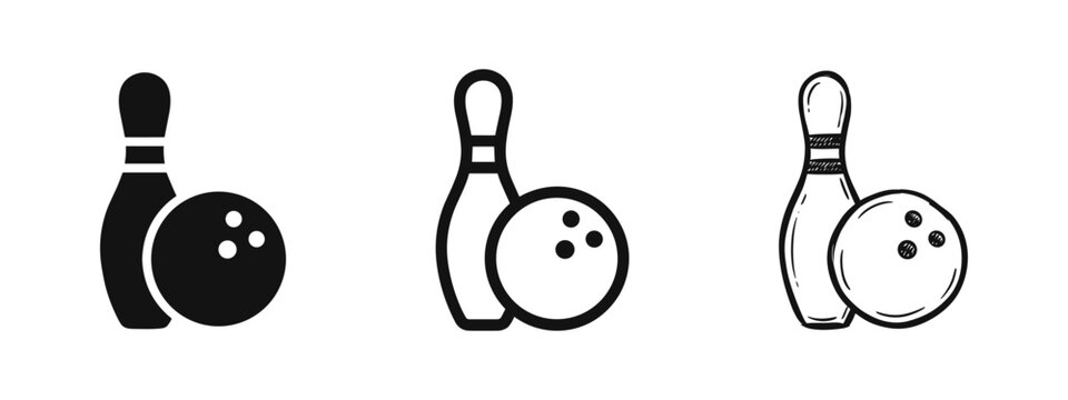 Bowling pin and ball icon set with solid, outline, and hand-drawn sketch styles for sports and leisure design