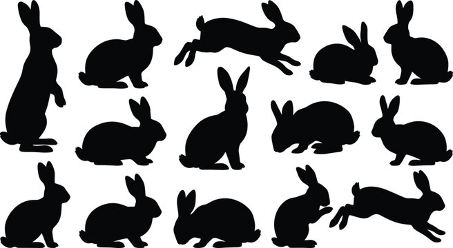 Set of black rabbit silhouettes standing running and sitting isolated on a white background, perfect for easter holiday graphic designs