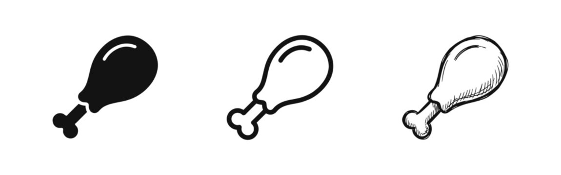 Fried chicken leg drumstick icon set with solid, outline, and hand-drawn sketch styles for food and restaurant