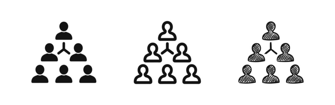 Organizational hierarchy chart icon set with solid, outline, and hand-drawn sketch styles for business structure