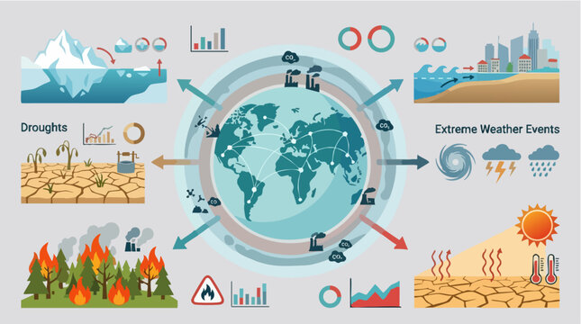 Global Warming Consequences Infographic: An infographic visually depicts the severe impacts of global warming on Earth, illustrating effects like melting icebergs, extreme weather, droughts.