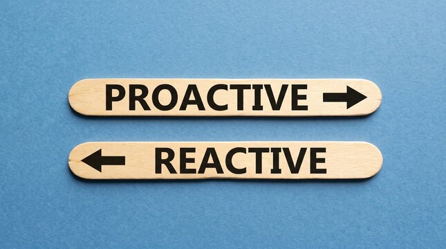 Direction arrows labeled proactive and reactive are arranged in opposite directions on a blue background, illustrating contrasting approaches to planning, response, strategy, and decision making.