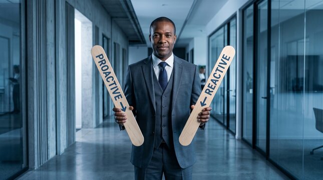 Businessman stands in a modern office corridor holding wooden signs labeled proactive and reactive, presenting a direct comparison between two workplace attitudes in a corporate setting.