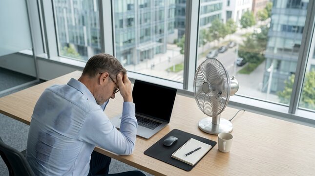 Stressed businessman feeling heat in modern office sitting at desk with electric fan and laptop during summer heatwave burnout business lifestyle concept