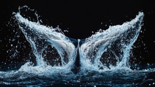A dolphin tail fin splashing into water creating abstract waves