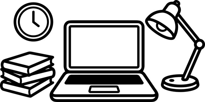 Desk setup with laptop, books, clock and desk lamp icon. Study or work concept.
