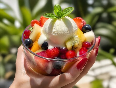 Estate: salutare merenda con frutta estiva, macedonia, succo, gelato e vitamine