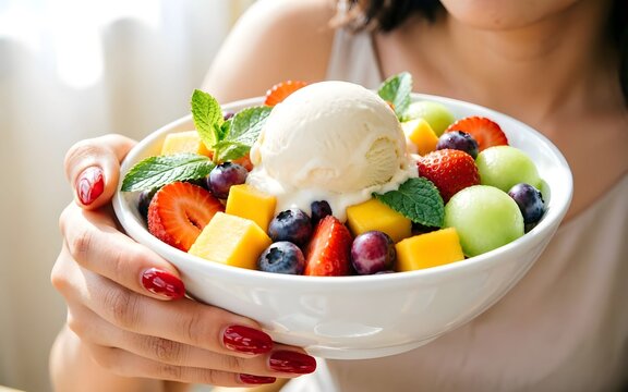 Estate: salutare merenda con frutta estiva, macedonia, succo, gelato e vitamine