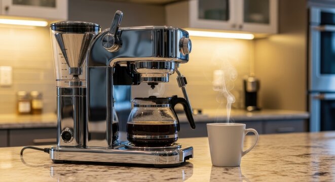 Polished chrome espresso machine brewing fresh coffee into a glass carafe, with a steaming cup ready for enjoyment