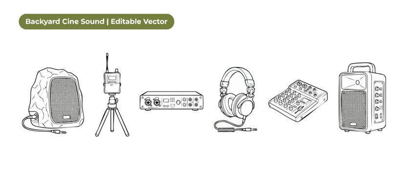 Audio equipment line art icons for backyard cinema sound system setup including rock speaker, headphones, mixing console, and transmitter, editable vector graphics on white background. Modern designs.