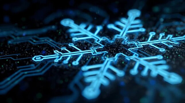 Cybernetic snowflake crystal with flowing energy pulses and electronic circuitry (AI Generated)